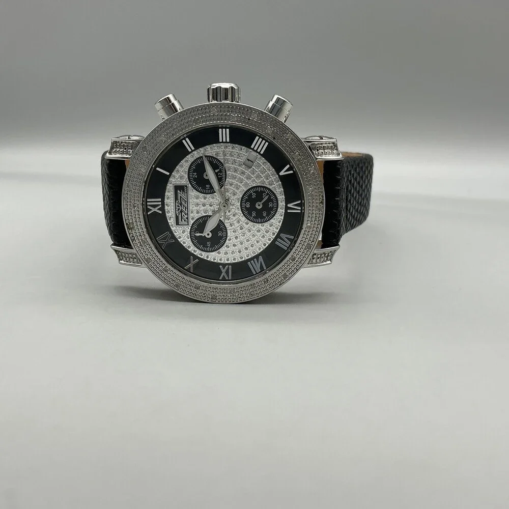 Freeze Mens Watch 36mm Silver Tone Black Diamond Leather Chronograph FZ07161627